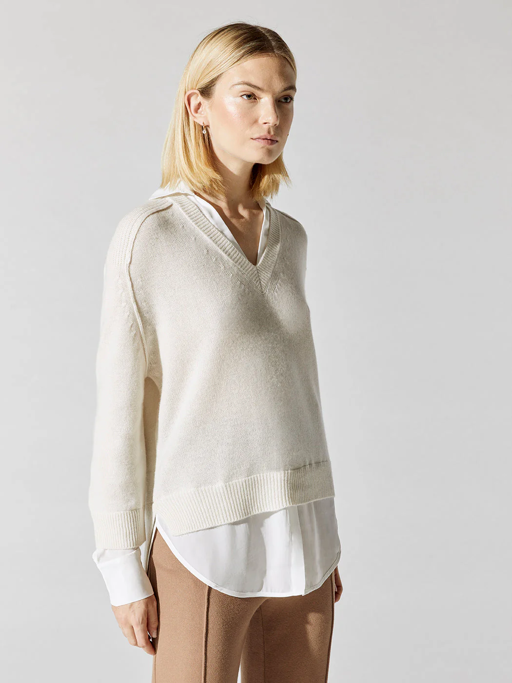 V-Neck Layered Pullover - Almond With White - Image 3